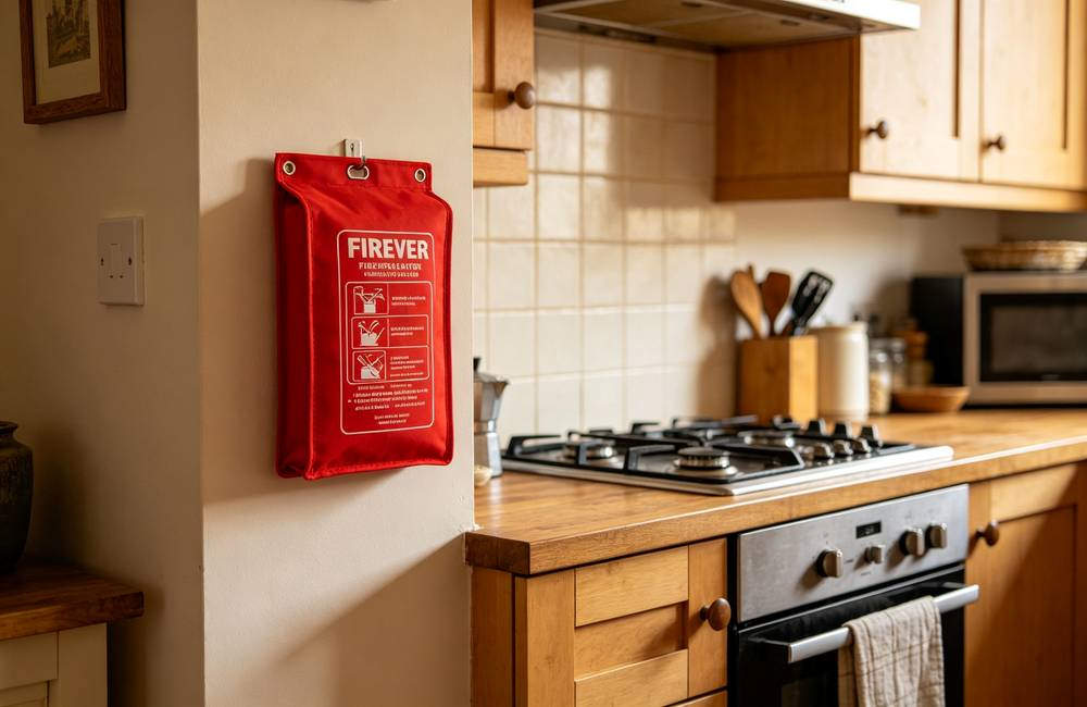 Home kitchen wall mounted fire blanket next to stove quick access during cooking oil fire for residential fire safety today Home kitchen wall mounted fire blanket next to stove quick access during cooking oil fire for residential fire safety today