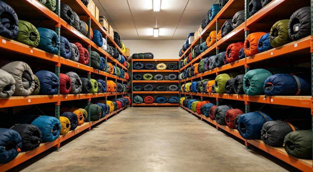 Wide angle view of organized storage room with sleeping bags stacked on shelves, inventory management, clean warehouse Wide angle view of organized storage room with sleeping bags stacked on shelves, inventory management, clean warehouse