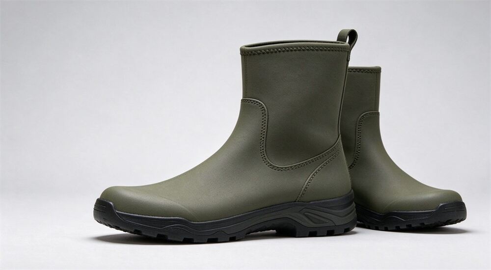 High cut neoprene rescue boots standing in shallow river current, ankle and lower shin wrapped for support, swift water rescue boots for moving river