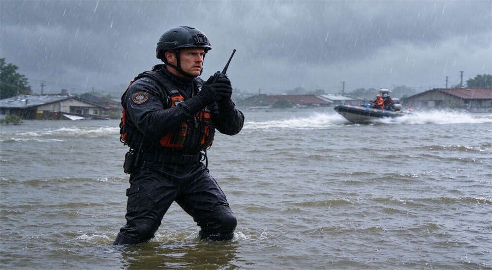 Flood response boots on rescue worker wading through chest deep urban flood water, black neoprene upper visible, non slip grip on submerged steps