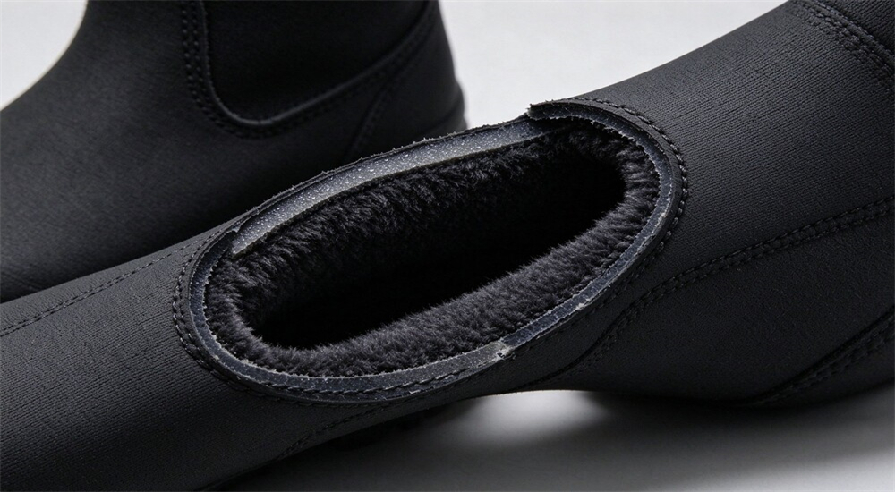Double layer insulating neoprene rescue boots material close up, warm inner lining visible, water safety boots fabric for cold flood and river water