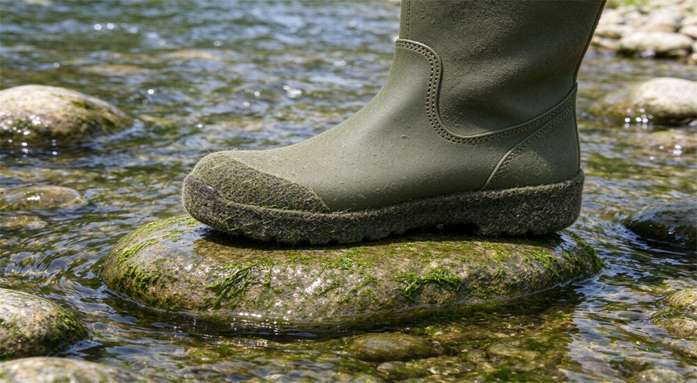 Felt outsole gripping smooth wet river rocks close up, non slip rescue boots on algae covered stone, swift water boots for river recovery work