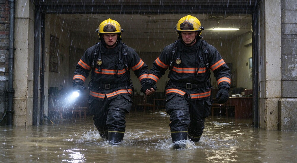 Firefighters entering flooded building wearing flood response boots wading through doorway