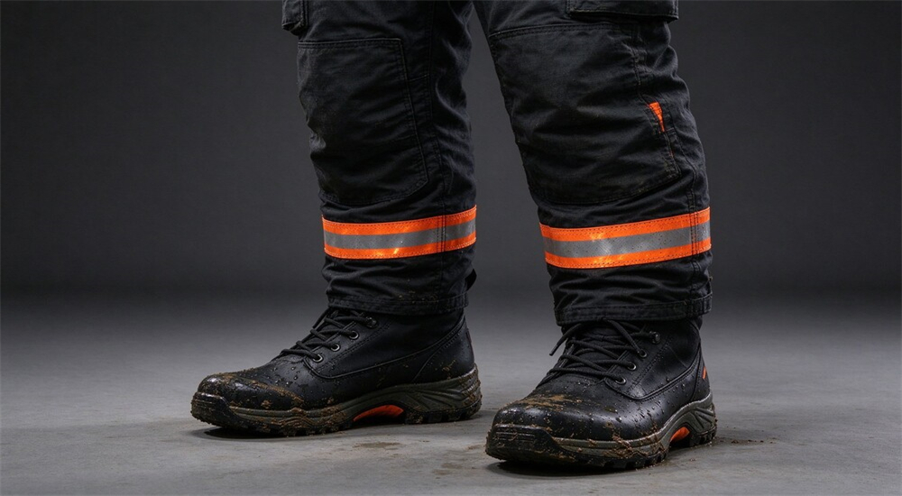 Firefighter in full gear wearing swift water rescue boots close up, waterproof neoprene shell over turnout gear, fire service flood response equipment