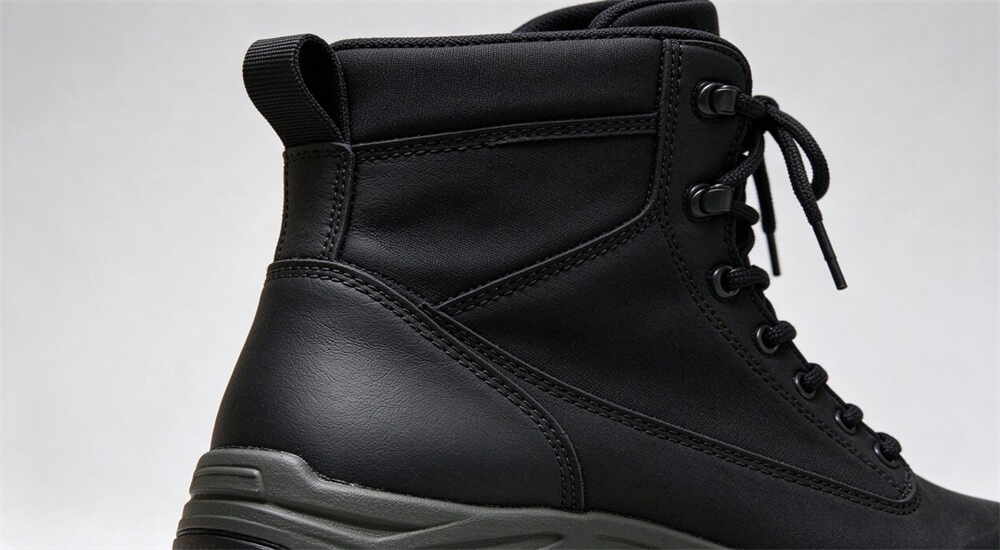 Back ankle panel and heel reinforcement on flood rescue boots close up, synthetic leather wear layer stitched to neoprene shell