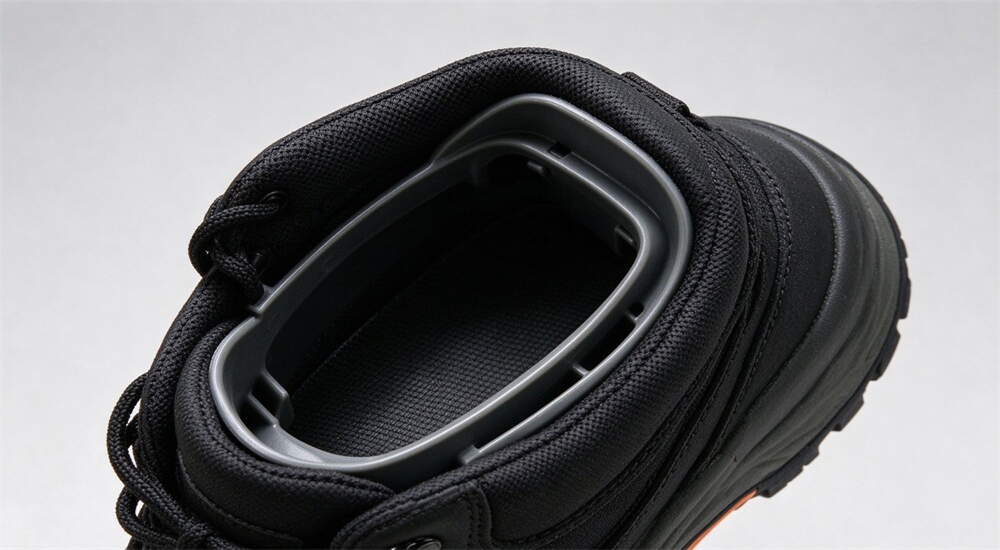 Heel counter close up on waterproof rescue boots, rigid heel cup keeping foot locked in place during rescue wading and river current