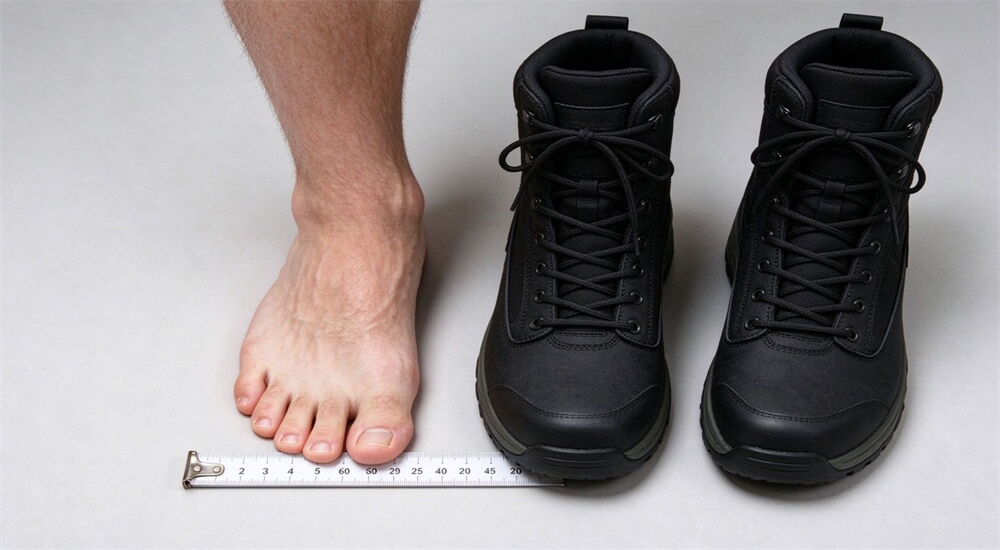 Flood rescue boots size fit guide, measuring foot length with ruler, EU US size chart for wholesale team orders, correct fit prevents blisters