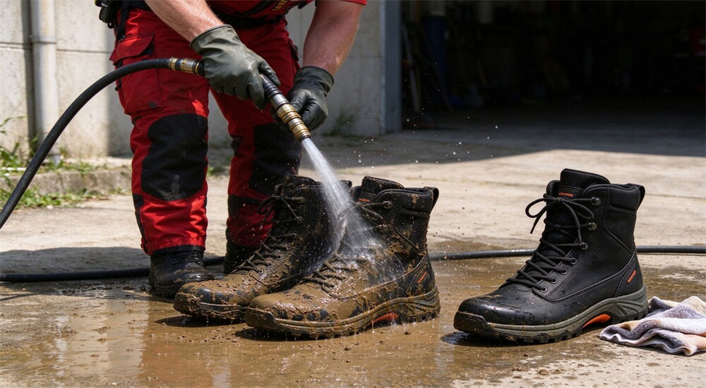 Cleaning and drying flood rescue boots after use, fresh water rinse and shade air dry, maintenance care extends boot service life across seasons