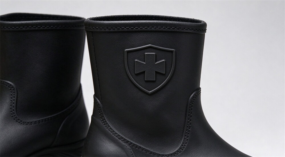 Custom OEM logo on flood rescue boots shaft, private label embossed team name, wholesale supplier China, minimum order quantity by contract