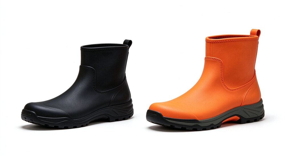 Black and orange flood rescue boots color comparison close up, high visibility orange for night operations, black for general duty, custom OEM available