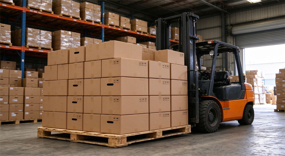 Wholesale flood rescue boots pallet loaded cartons stacked in warehouse ready for export shipment