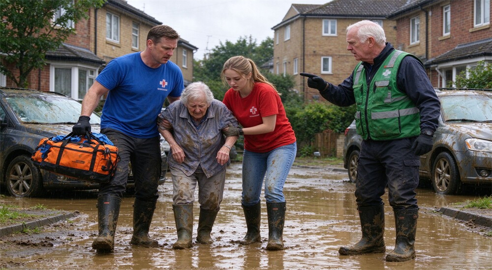 Volunteer rescue team wearing neoprene flood response boots in community flood operation, mixed ages and gear, local rescue group equipment supply