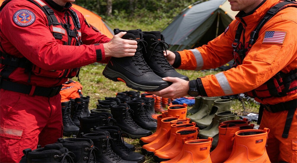 Rescue boots being distributed to a field rescue team, handover of new neoprene flood response boots, wholesale supplier China bulk supply program