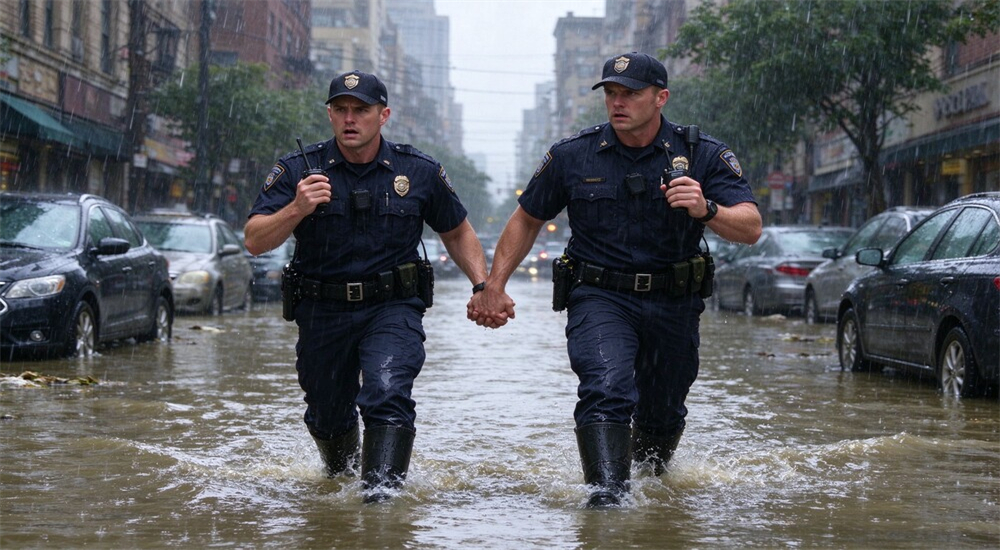 Police patrol flooded city street wearing flood response boots on duty