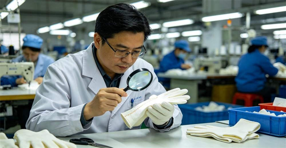 Asia quality control inspector checking safety gloves inspection safety gloves wholesale bulk supplier China