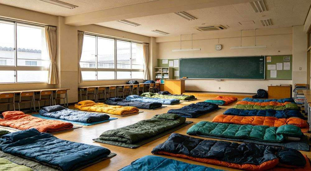Wide angle view of school classroom converted to emergency shelter sleeping bags for students on floor
