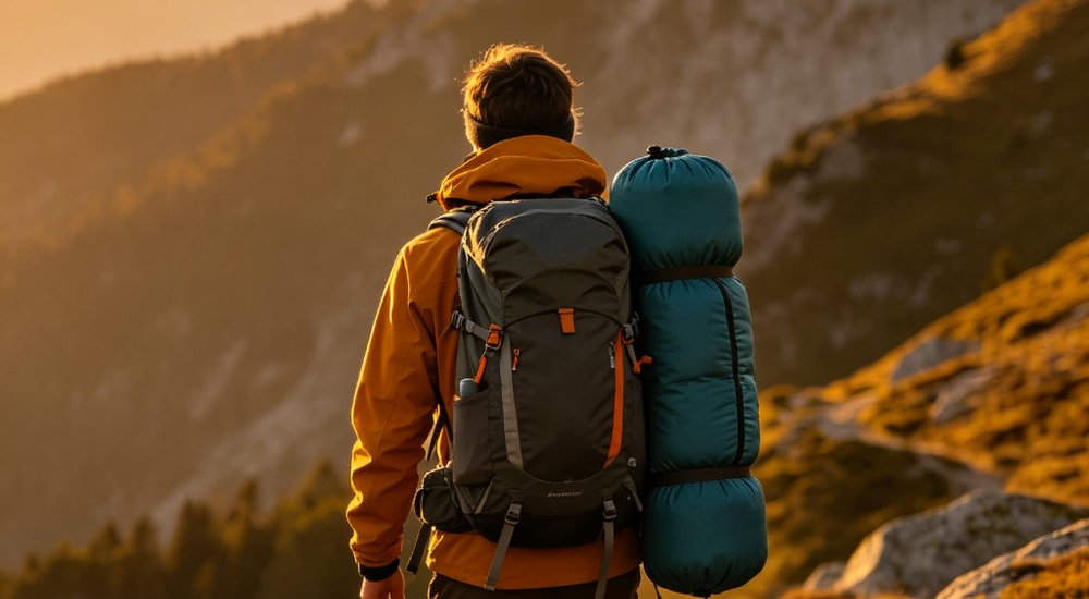 Side view of backpacker carrying compact sleeping bag attached to large backpack while hiking on mountain trail during golden hour sunset with scenic mountain landscape in background