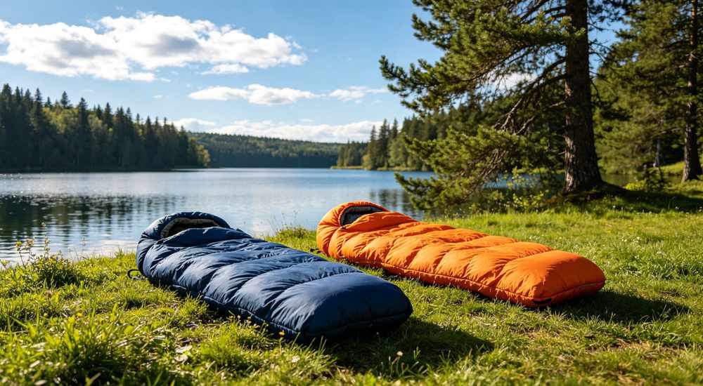 Wide angle outdoor scene with multiple colorful sleeping bags in navy blue orange olive green and red colors arranged on green grass under bright blue sky with white clouds and camping tents in background for wholesale product display photography