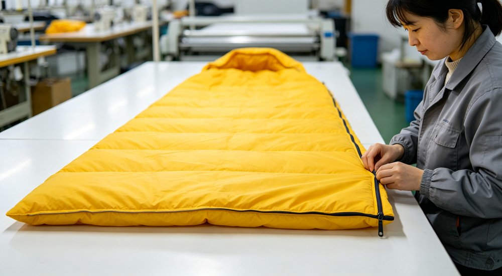 Medium shot factory floor - Asian quality control team inspecting pre-production sleeping bag samples for bulk order approval, sleeping bag manufacturer QC process, bright industrial lighting