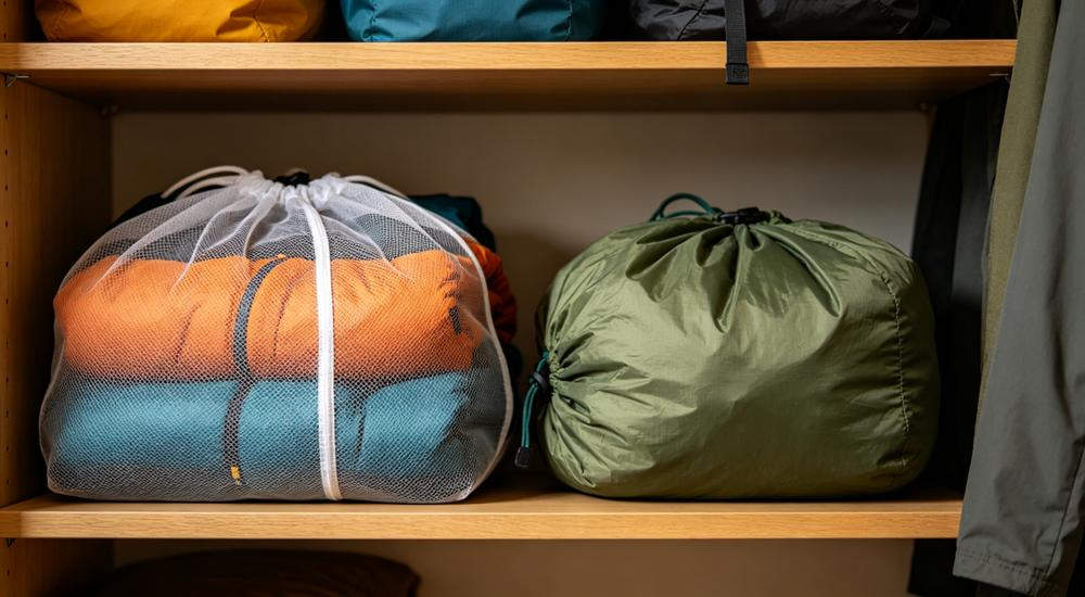 Medium shot institutional laundry facility - industrial washing machine cleaning institutional sleeping bags for reuse, bulk sleeping bag maintenance, bright clean professional environment
