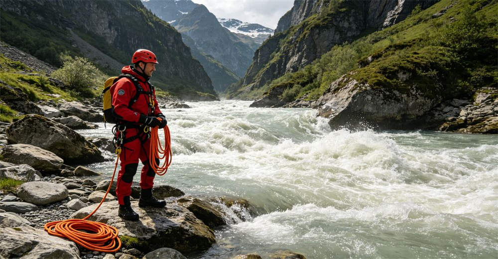 Wide mountain view of canyon flash flood rescue team deploying lightweight orange flood rescue rope across rocky rapids showing real-world deployment conditions and team coordination