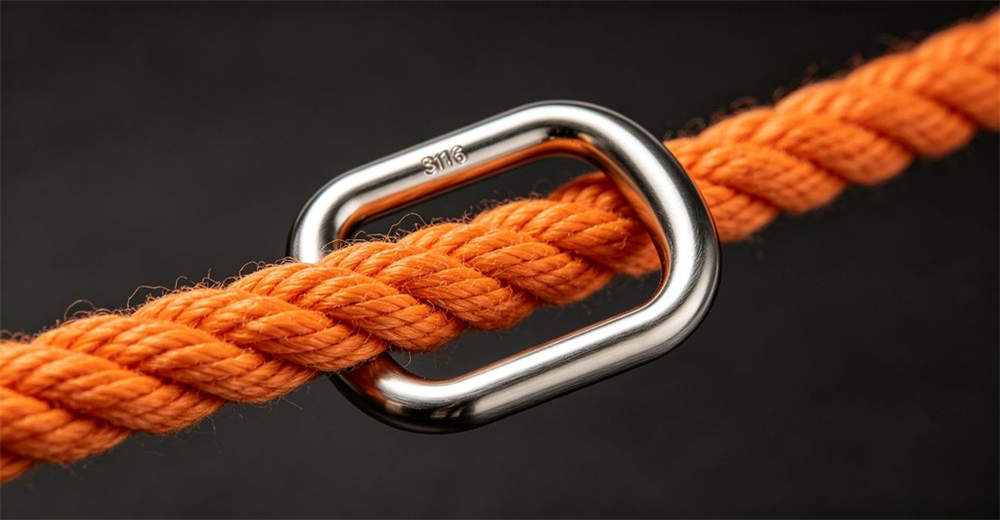 Close-up of polished 316 stainless steel D-ring attached to orange throw bag webbing showing marine-grade corrosion-resistant hardware for reliable water rescue operations and emergency response