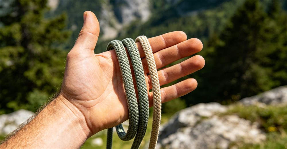 Hand comparison of different diameter water rescue ropes showing thickness range from thin 6mm to thick 14mm in palm for reliable water rescue operations and emergency response