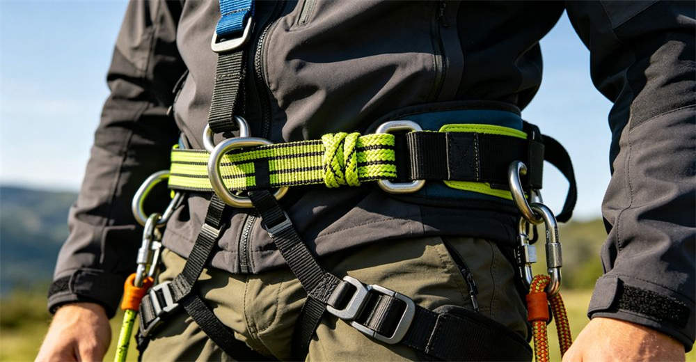 Close-up of water rescue oxtail tether belt system with reflective webbing and quick release buckle attached to harness for reliable water rescue operations and emergency response
