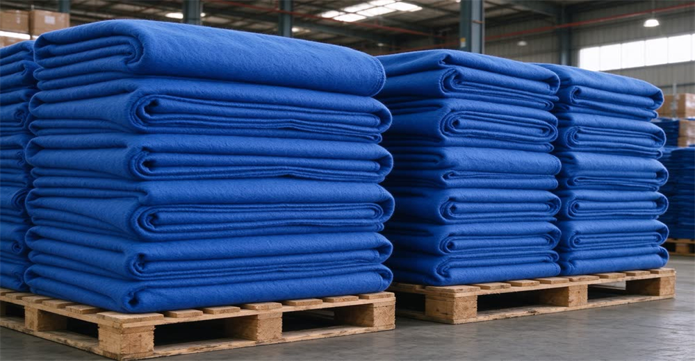 Wide warehouse view of neatly folded blue wool emergency blankets stacked on wooden pallets, showing wholesale refugee blankets for NGO aid and disaster relief distribution programs Wide warehouse view of neatly folded blue wool emergency blankets stacked on wooden pallets, showing wholesale refugee blankets for NGO aid and disaster relief distribution programs