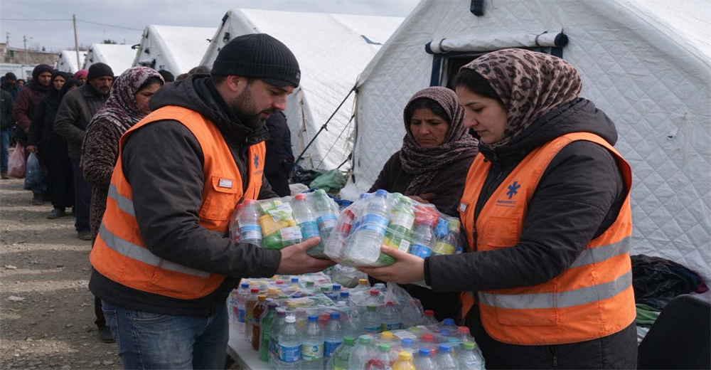 Eye-level view of relief worker handing blue blanket to refugee family at NFI non-food items distribution point, showing dignified humanitarian aid distribution of refugee relief supplies