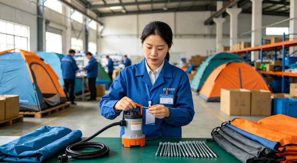 Quality control of tent accessories showing Asian inspector checking product quality, bright lighting red and white inflatable emergency shelter for disaster relief operations