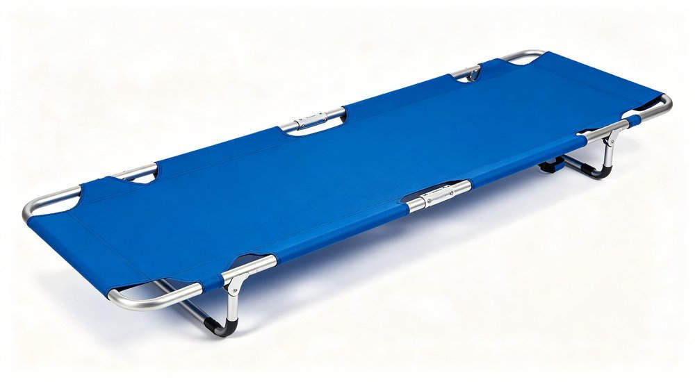Waterproof stretcher for medical tent, portable stretcher product shot, bright lighting red and white inflatable emergency shelter for disaster relief operations