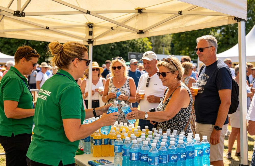 Community event staff distributing cooling towels and water to attendees during outdoor summer heat relief event