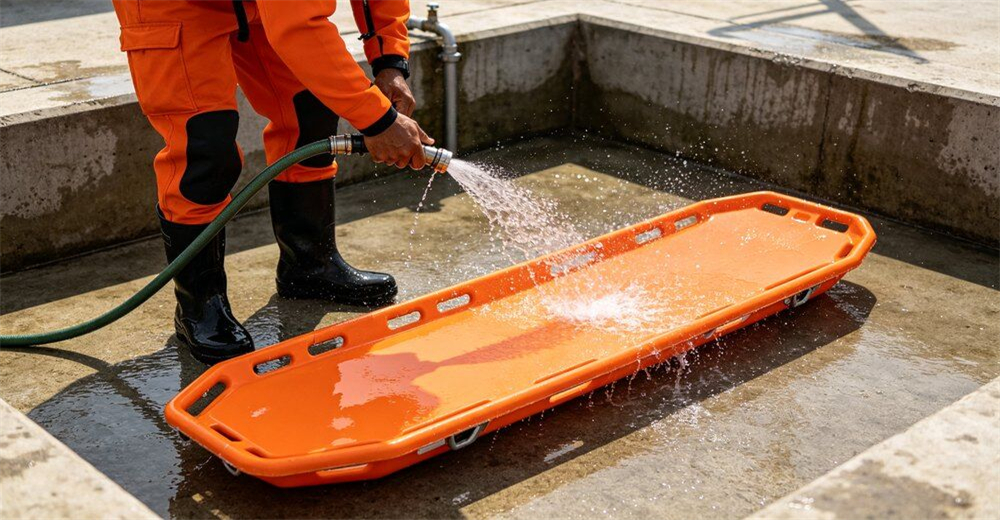 Stainless steel frame of folding canvas stretcher showing quick release hinges and support structure for wholesale bulk water rescue equipment supply