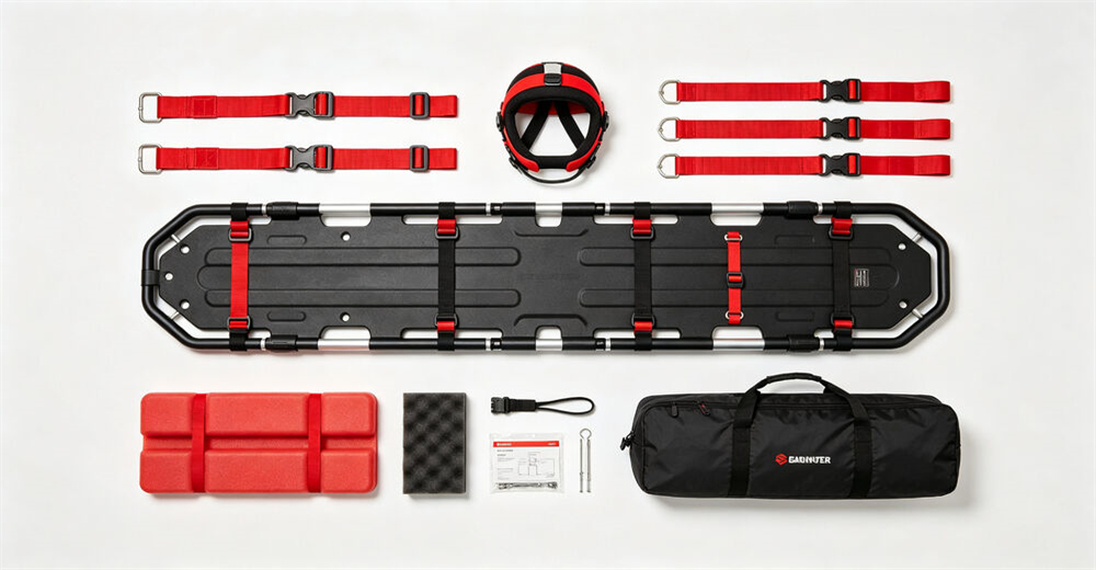 Red and blue color variant vacuum rescue stretchers shown side by side demonstrating available colors for wholesale bulk water rescue equipment supply