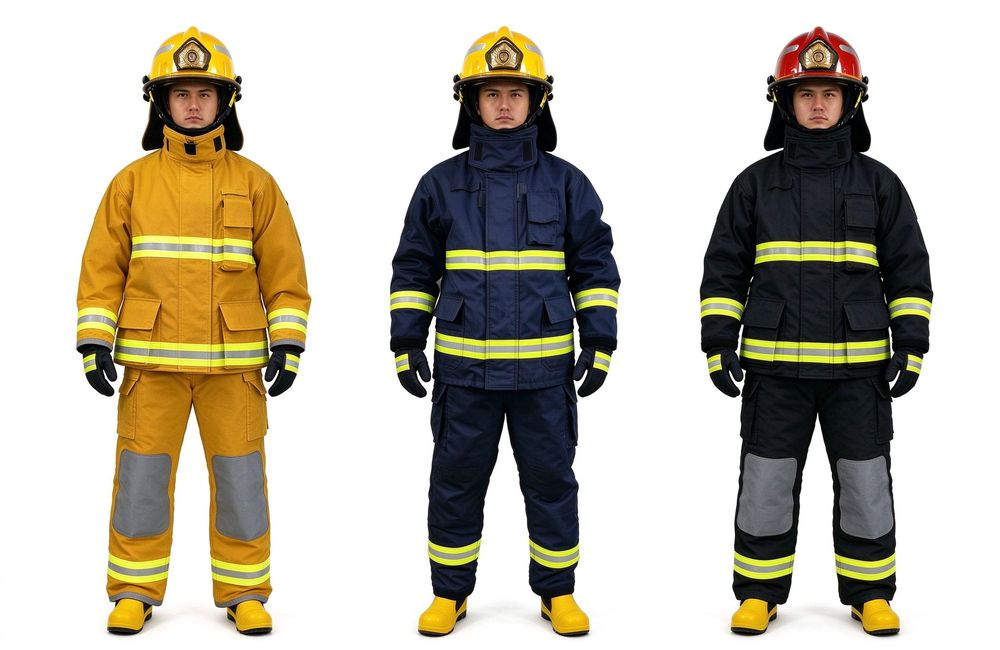 Flat-lay view of three-layer turnout gear system close view showing outer shell moisture barrier and thermal liner, yellow and silver firefighter turnout gear heat protection construction detail
