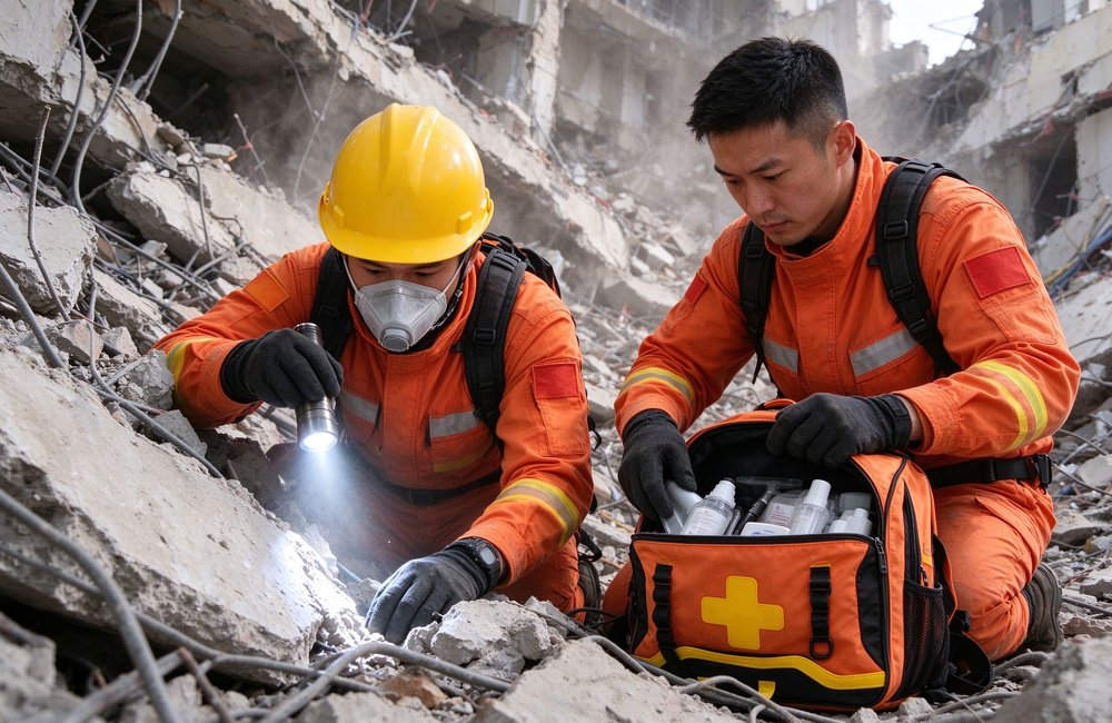 Earthquake rescue operation with emergency kits by rescue workers in collapsed building area for humanitarian relief government disaster response teams
