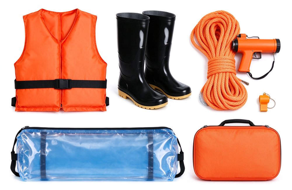 Water rescue gear closeup in emergency flood kit with certified life jacket rain boots rope thrower rescue whistle for swift water rescue flood evacuation operations