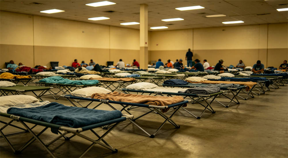Interior of emergency relief shelter with rows of folding cots and beds, clean organized shelter setting for hurricane response operations and bulk shelter supplies