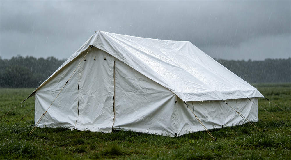 White waterproof relief tent set up on grass field, large emergency shelter tent for hurricane response camps, realistic outdoor setting for bulk tent supplies