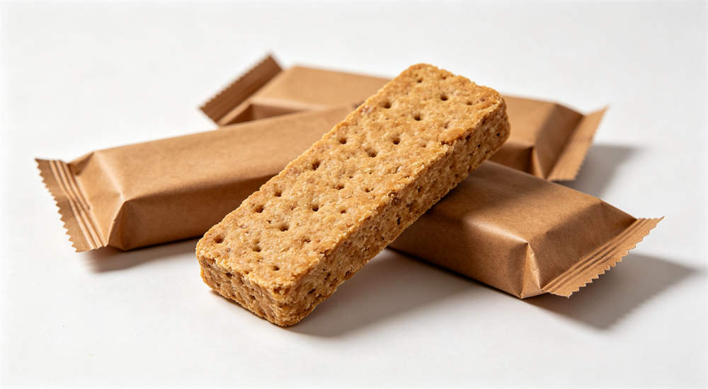 Compressed emergency biscuit bars arranged on white background, brown packaged long shelf life emergency food bars, product photography for bulk food supplies