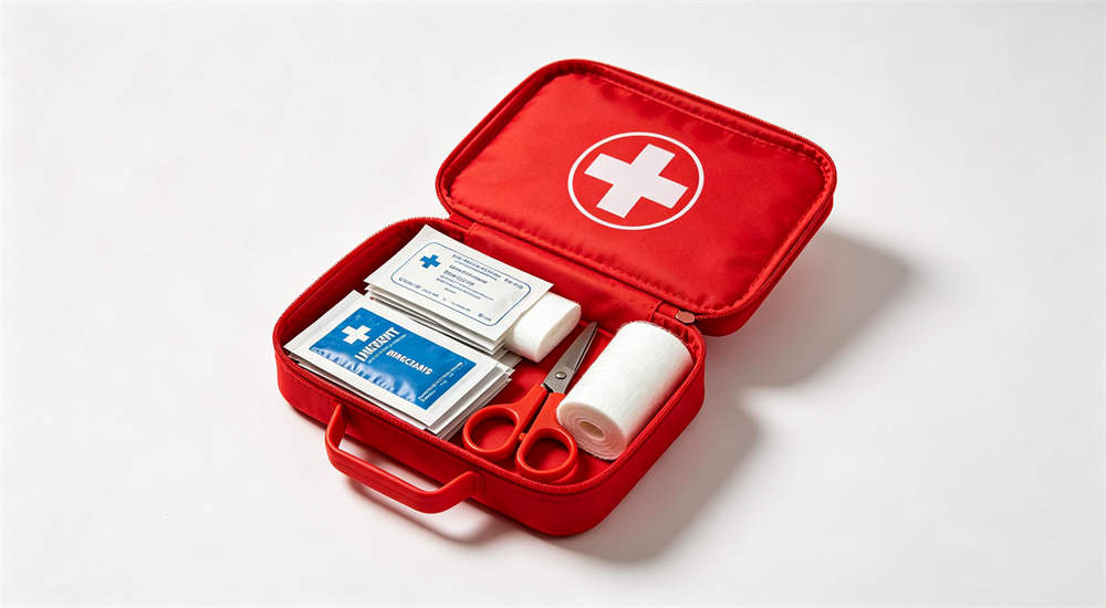 Red first aid kit bag opened showing medical supplies inside, comprehensive emergency medical kit for hurricane response, product photography for bulk medical supplies