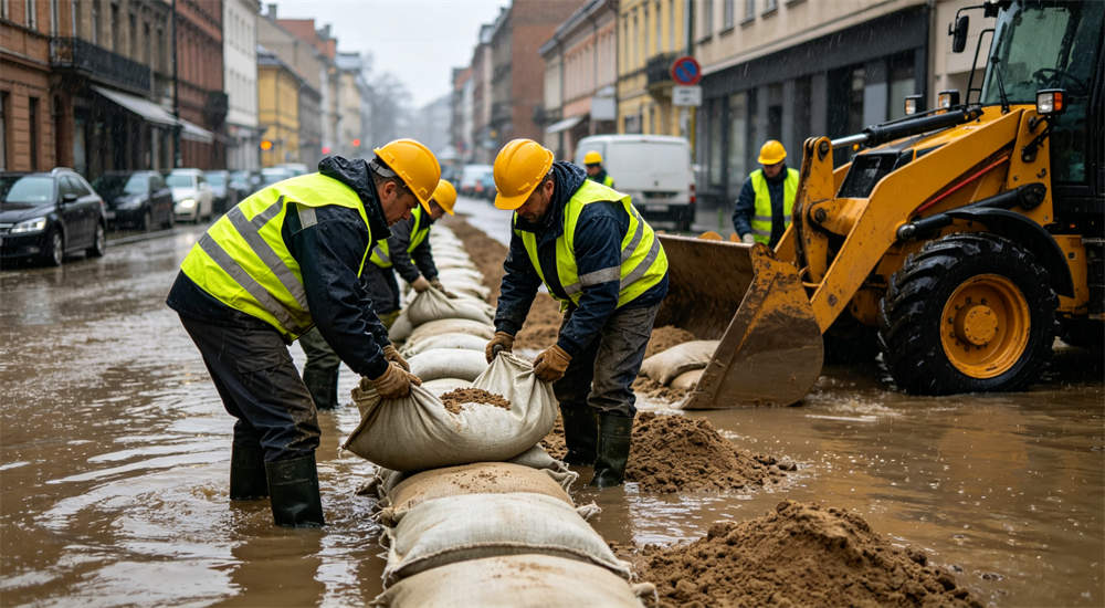 Workers in orange vests stacking sandbags along street for flood protection, hurricane preparation work scene, realistic outdoor photography for bulk flood supplies