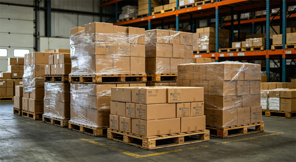 Pallets of boxes stacked in warehouse showing bulk quantity order, multiple pallets of emergency supplies, MOQ bulk procurement visualization for wholesale buyers
