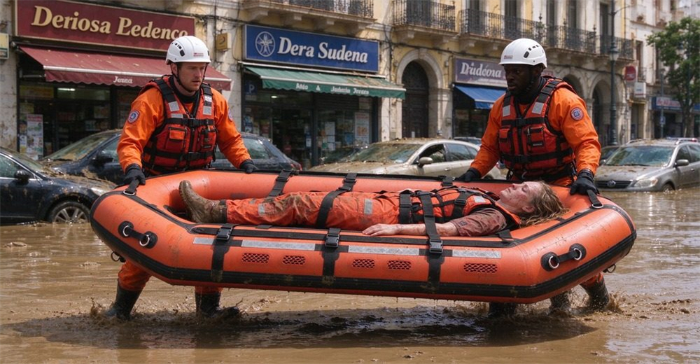 Urban flood rescue with authentic foam-filled floating platform featuring horizontal black straps, buckles, webbing handles and drainage holes, rescuers in full gear transferring patient through waist-deep flooded street.