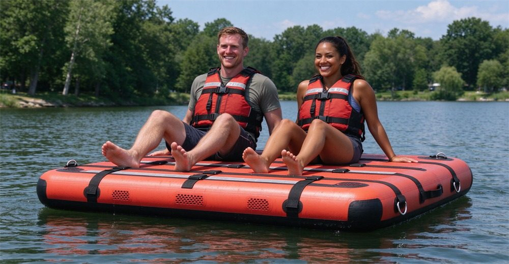 Authentic foam-filled water rescue floating platform with horizontal straps and buckles floating on river, two adults in life vests sitting on platform demonstrating 1500N buoyancy, rescuer in full gear nearby. Authentic foam-filled water rescue floating platform with horizontal straps and buckles floating on river, two adults in life vests sitting on platform demonstrating 1500N buoyancy, rescuer in full gear nearby.
