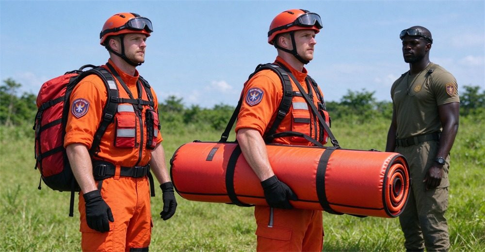 Authentic foam-filled floating platform tightly rolled to backpack size with black straps and webbing handle, professional rescuer carrying it, showing portability and compact storage for emergency teams. Authentic foam-filled floating platform tightly rolled to backpack size with black straps and webbing handle, professional rescuer carrying it, showing portability and compact storage for emergency teams.