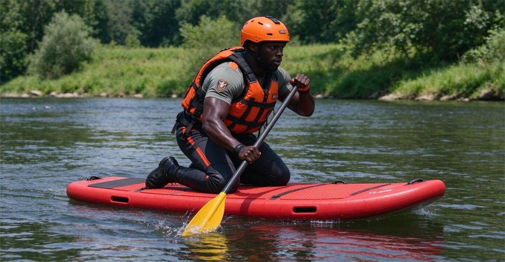 Type 6 authentic YS-6MB water rescue floating board, red-orange rectangular rigid hard board with anti-slip texture, built-in carry handles, smooth bottom for ice dragging, rescuer kneeling paddling on river.