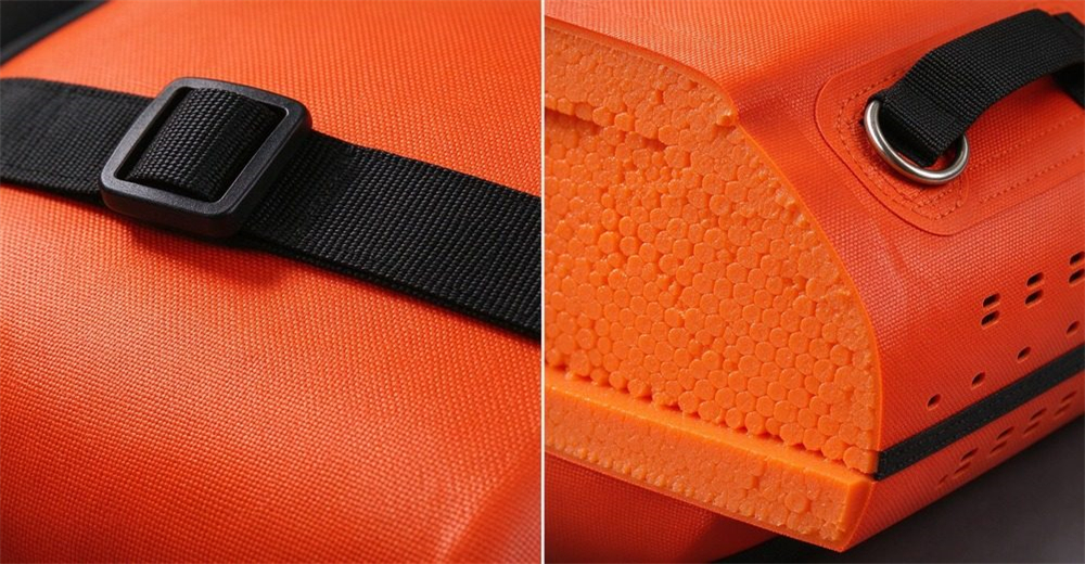 Macro close-up of 600D Oxford fabric texture and PVC closed-cell foam cross-section for foam-filled water rescue floating platform, showing woven fabric and foam particle structure