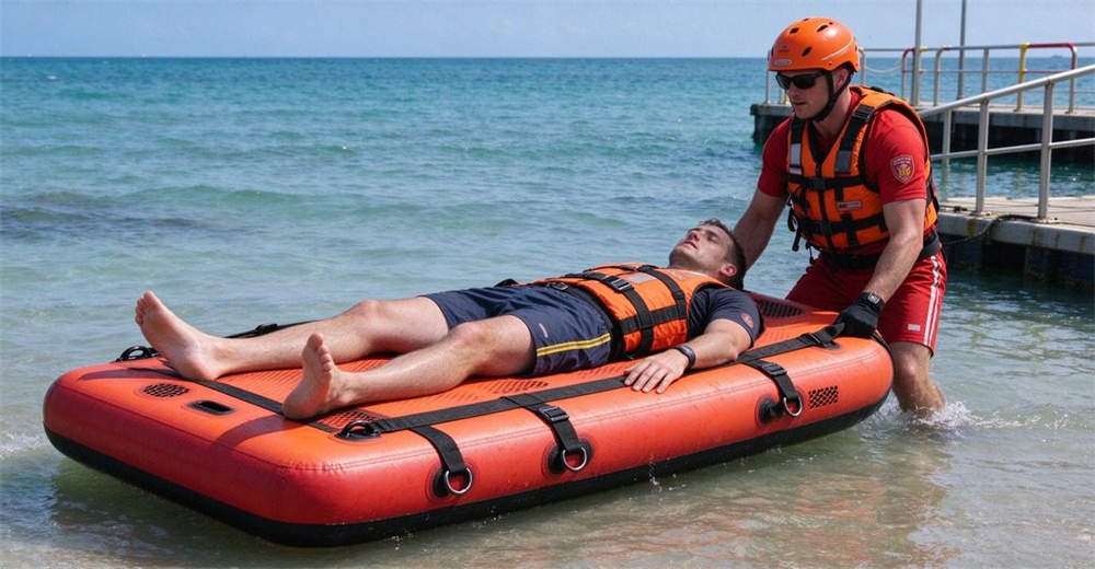 Nearshore calm sea rescue, authentic foam-filled platform with horizontal straps on gray inflatable rescue boat, patient in life vest secured by straps, two rescuers in full orange gear attending, rocky coastline background.